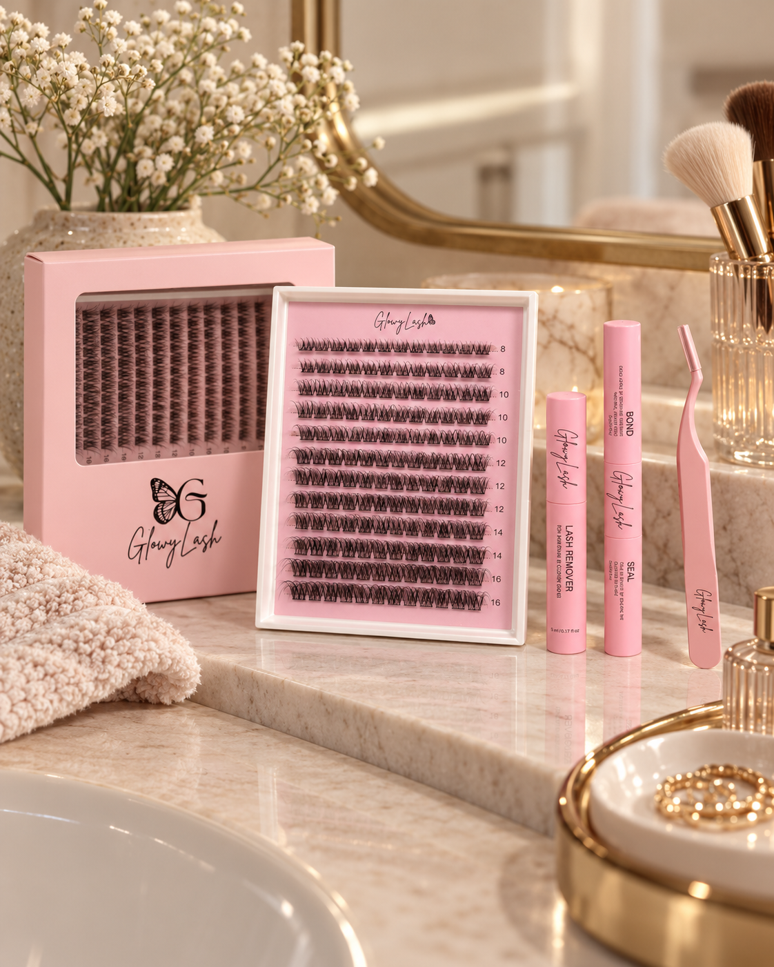 coffret rose de cils en grappes présenté avec un plateau, des tubes et une pince Image