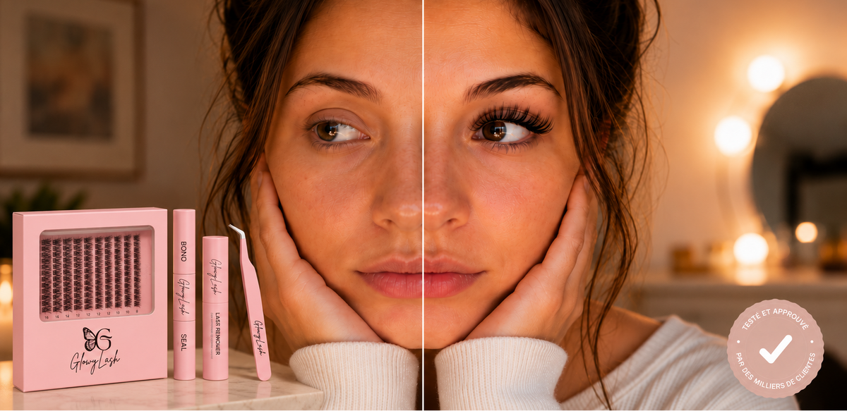 Portrait illustrant deux intensités de cils, avec le kit GlowyLash, le duo Bond & Seal, le Remover et la pince