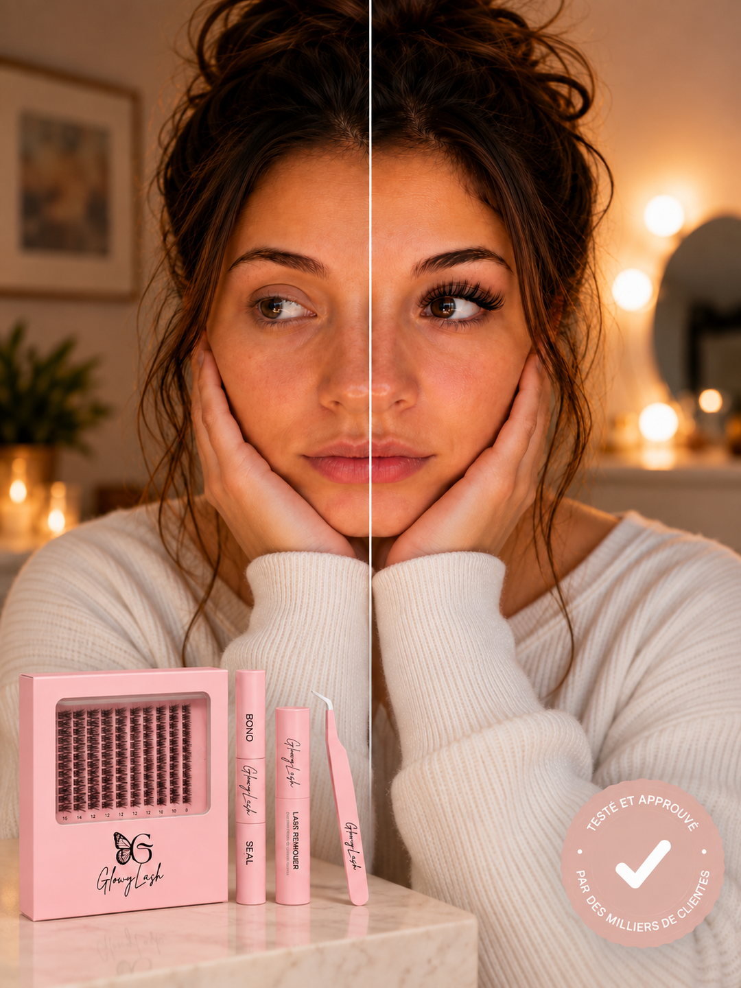 Portrait illustrant deux intensités de cils, avec le kit GlowyLash, le duo Bond & Seal, le Remover et la pince