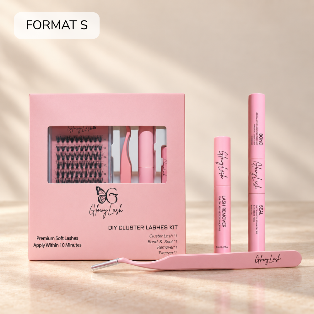 Kit S GlowyLash rose avec ses cils en grappe, le duo Bond & Seal, le Remover et la pince d’application. Image