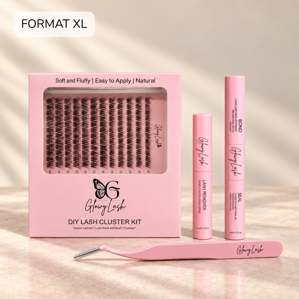 Kit XL GlowyLash rose avec ses cils en grappe, le duo Bond & Seal, le Remover et la pince d’application. Image