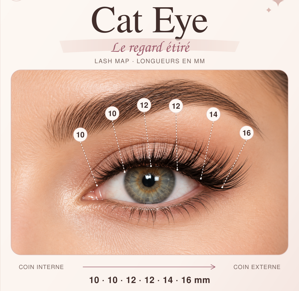 Lash map Cat Eye GlowyLash pour un regard étiré, adaptée aux yeux ronds ou en amande.