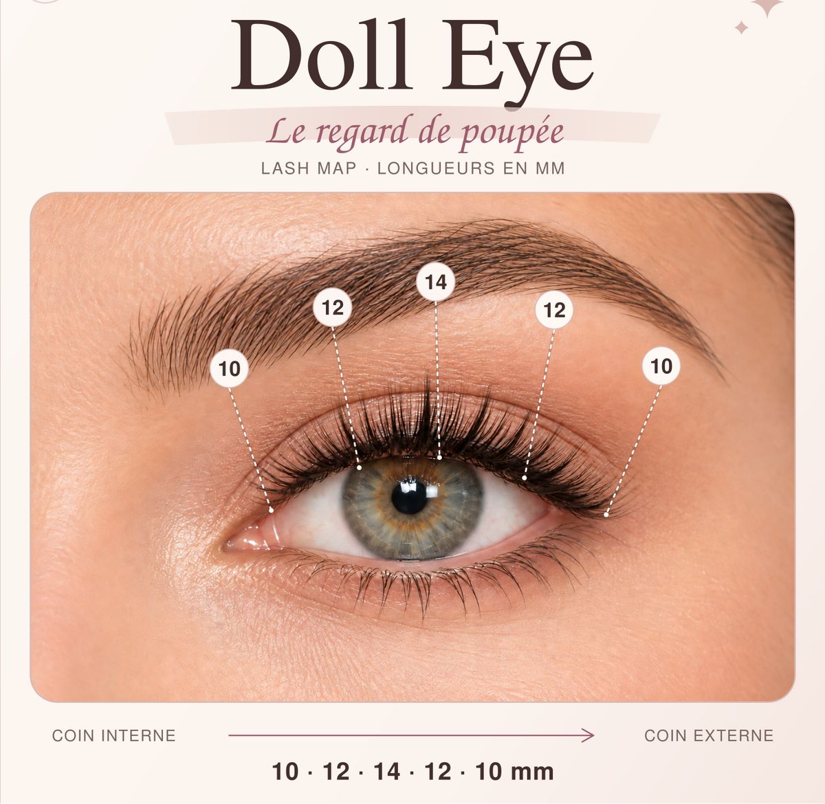 Lash map Doll Eye GlowyLash pour un regard arrondi, adaptée aux yeux en amande ou écartés.
