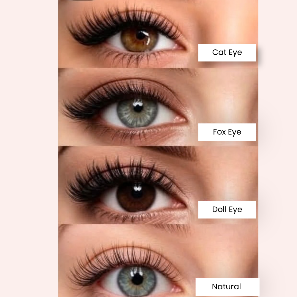 Guide des lash maps GlowyLash Cat Eye, Doll Eye, Open Eye et Foxy avec les longueurs de grappes en millimètres. Image