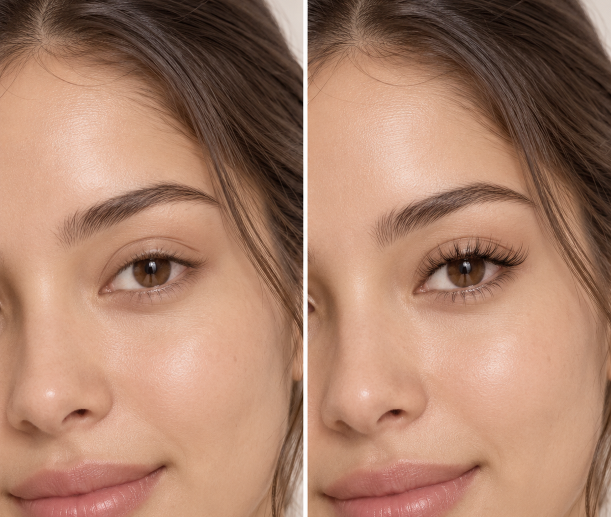 Montage illustratif d’un regard aux cils naturels à gauche et aux cils plus définis à droite Image