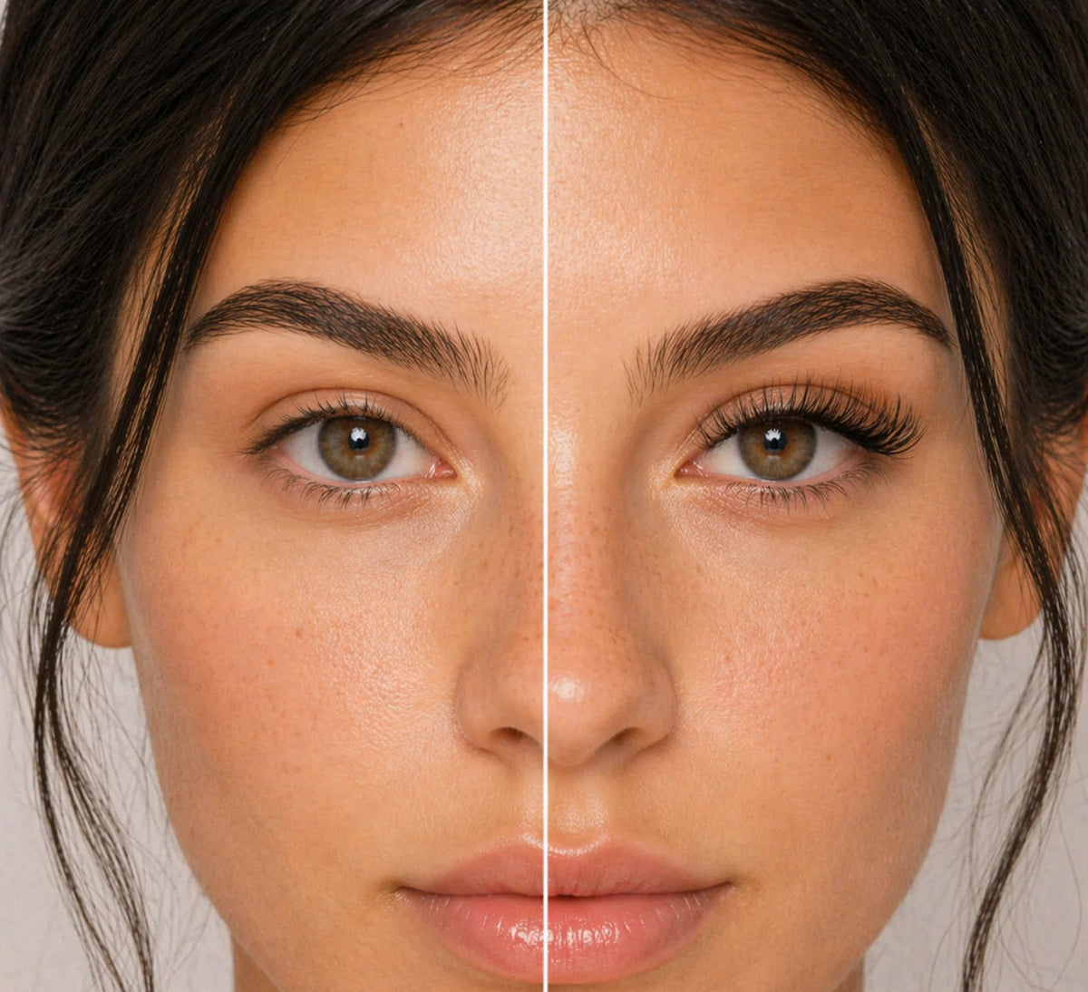 Montage illustratif d’un regard naturel à gauche et d’un effet cils volumineux à droite Image