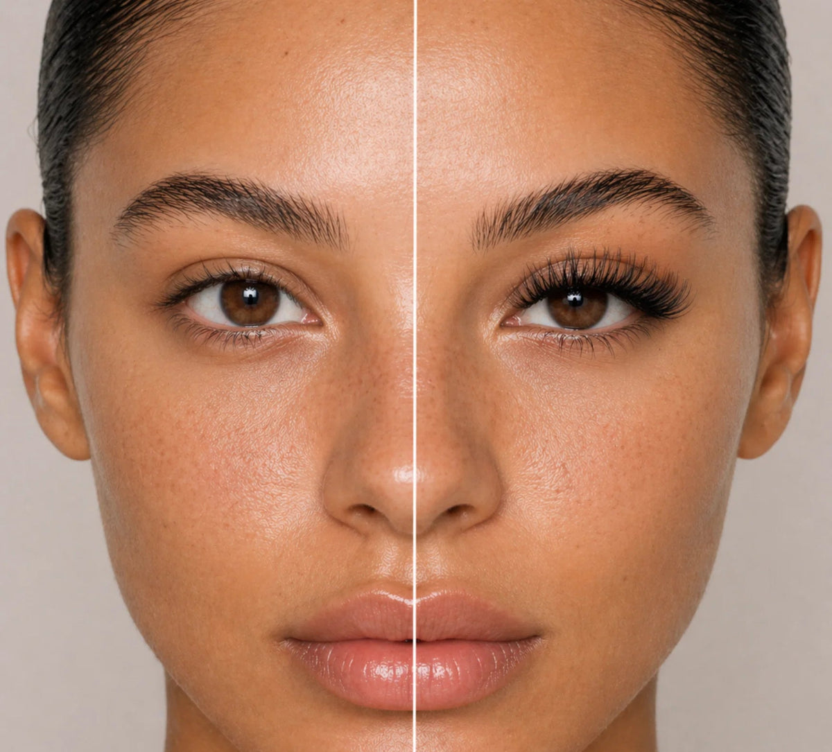 Montage illustratif d’un regard naturel à gauche et d’un effet cils très volumineux à droite Image