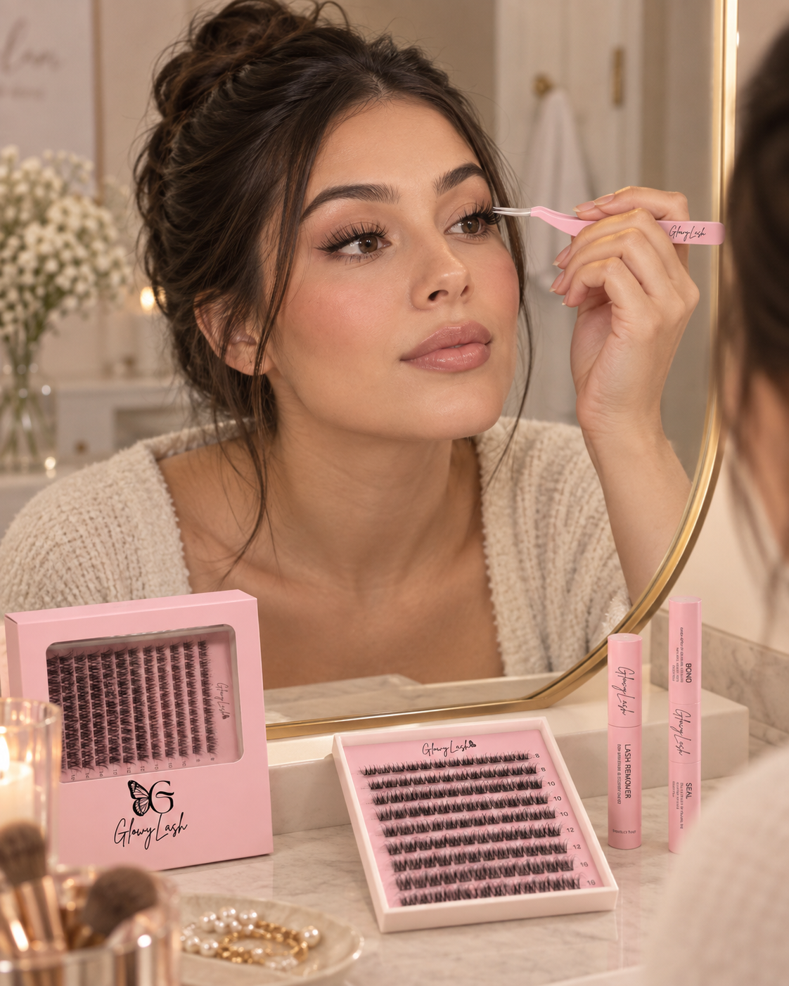 Femme plaçant une grappe de cils avec une pince rose devant son miroir Image