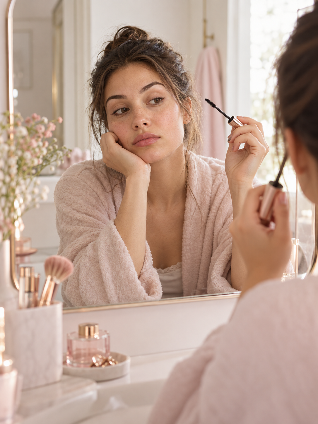 Femme tenant une brosse de mascara devant son miroir pendant sa routine beauté Image
